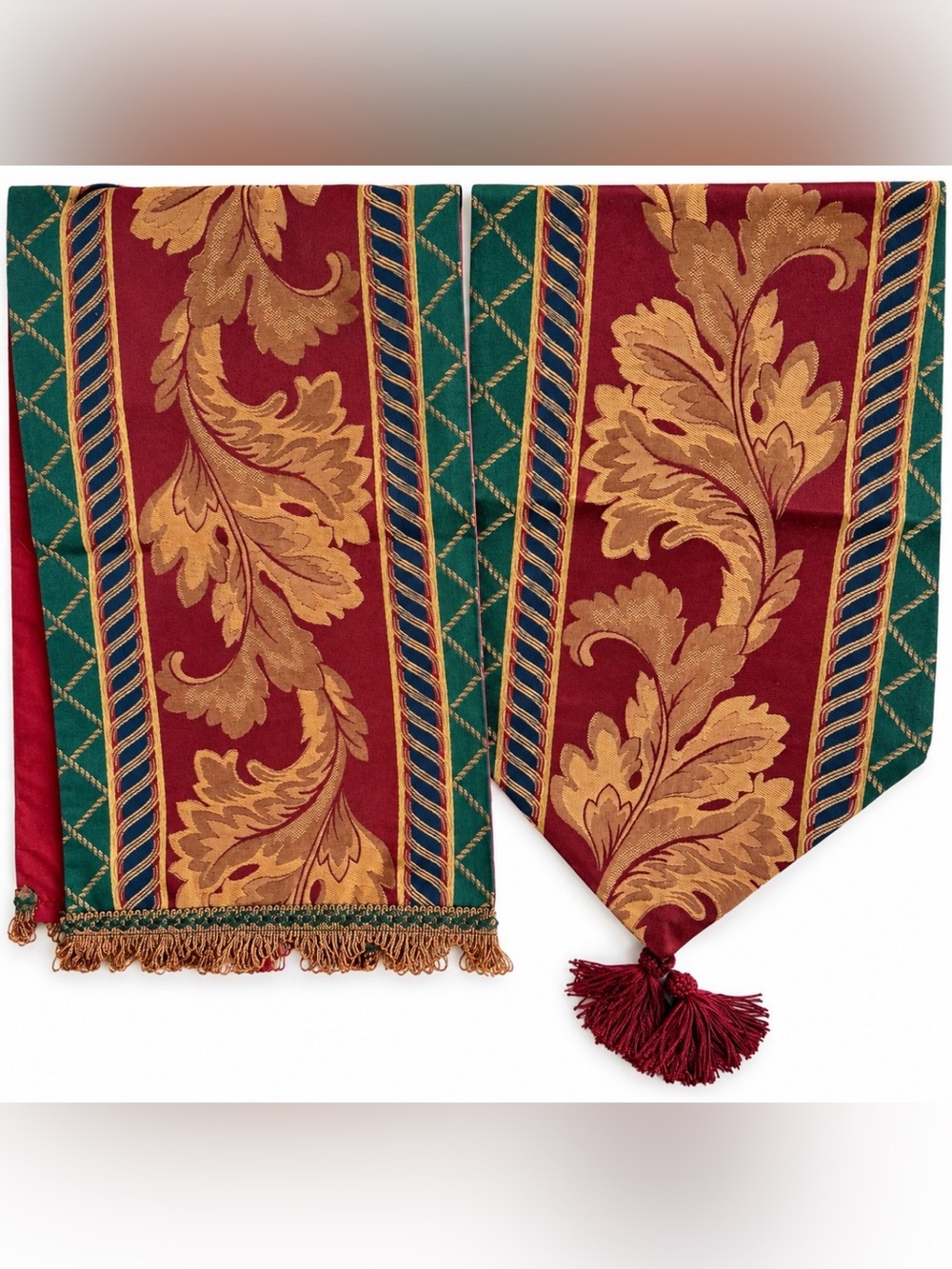Set of 2 Vintage Jacquard Table Runners Burgundy Floral Fringe Tassels 46"